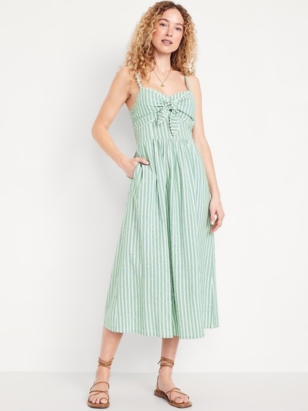 Old Navy Green & White Striped Tie-Front Midi Dress